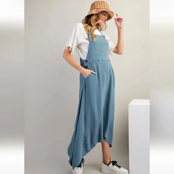 New Easel Poly Linen Jumpsuit Skirtall Dress Blue - Picture 2 of 5